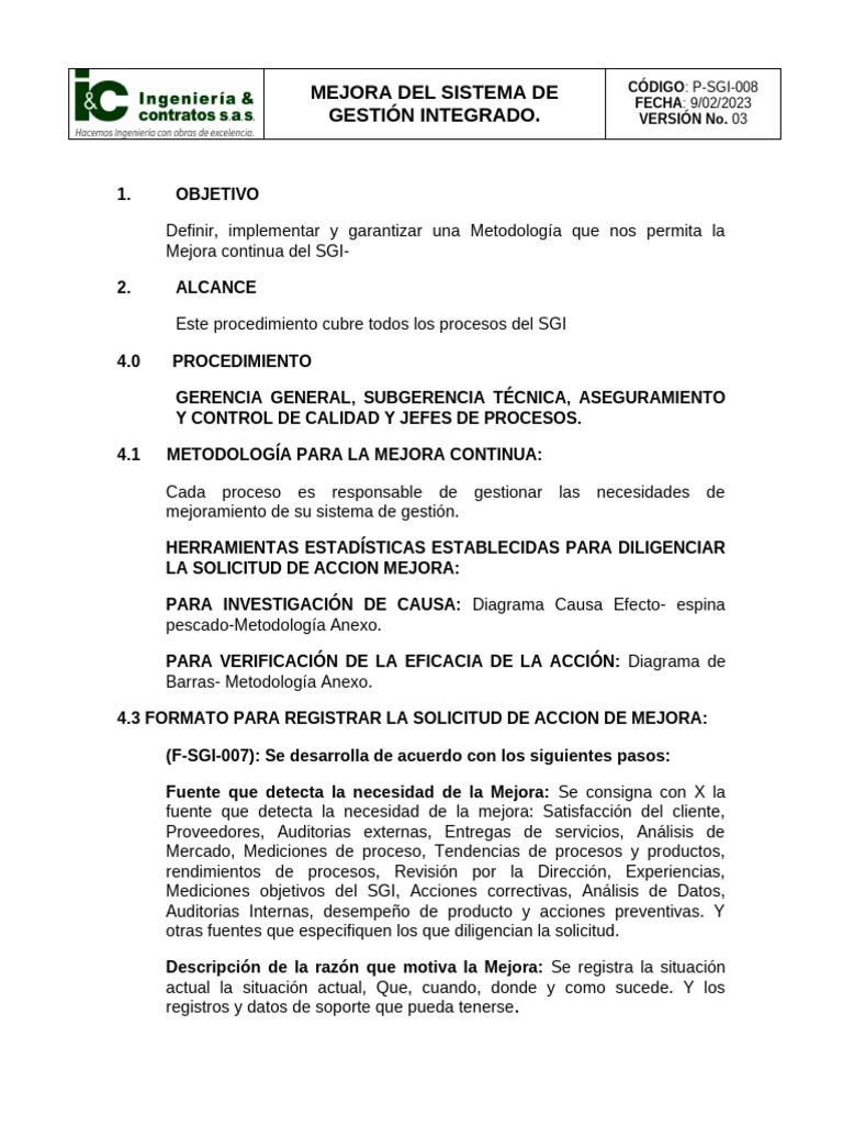 P-SGI-008 Mejora Del Sistema de Gestión de SGI | PDF | Calidad ...