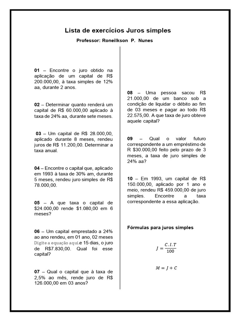 Lista de Exercícios Juros Simples | PDF
