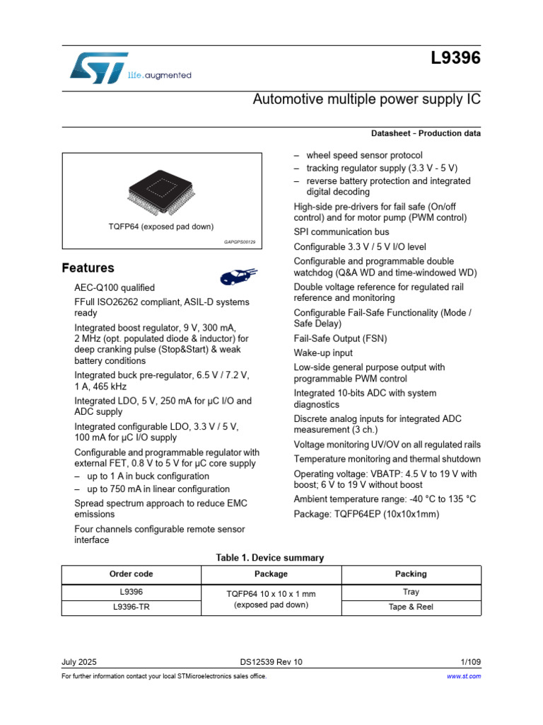 L9396 Automotive Power Supply IC Datasheet | PDF | Microcontroller ...