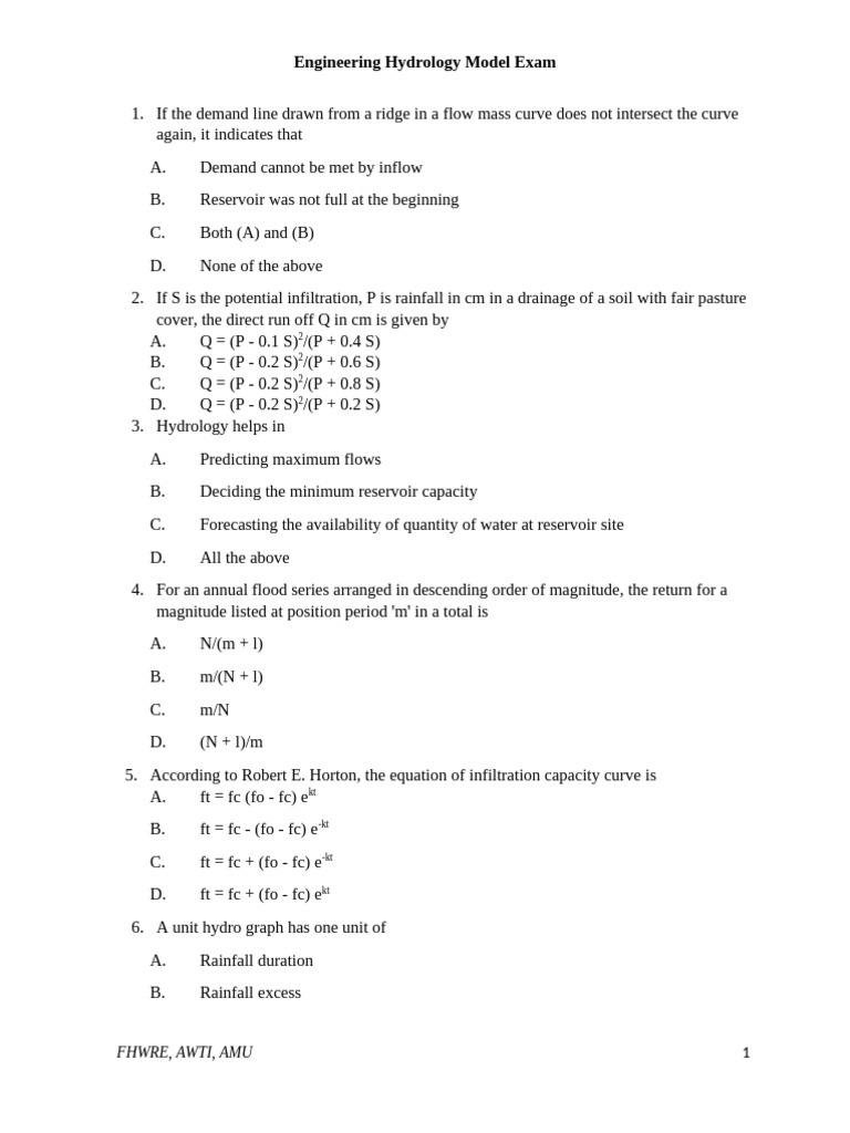 Engineering Hydrology Model Exam Questions | PDF | Discharge (Hydrology ...