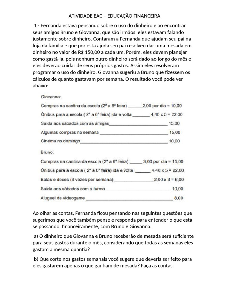 Atividades de Educação Financeira 8º Ano | PDF | Educação Financeira ...