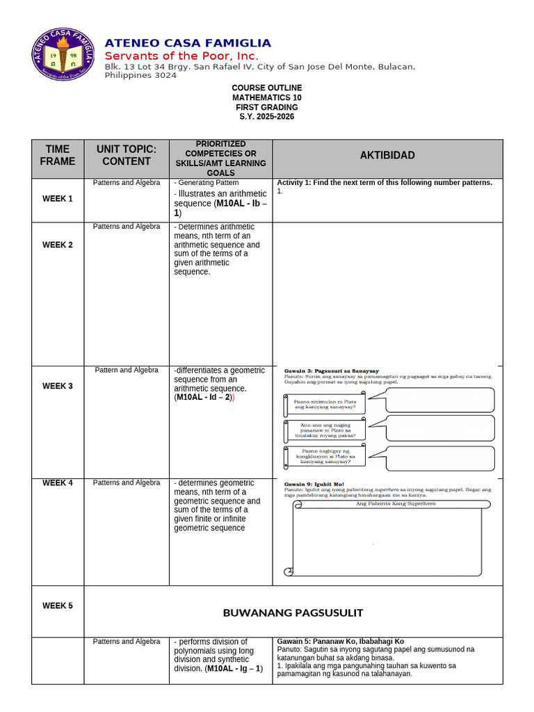 1st Course Outline Mathematics 10 | PDF