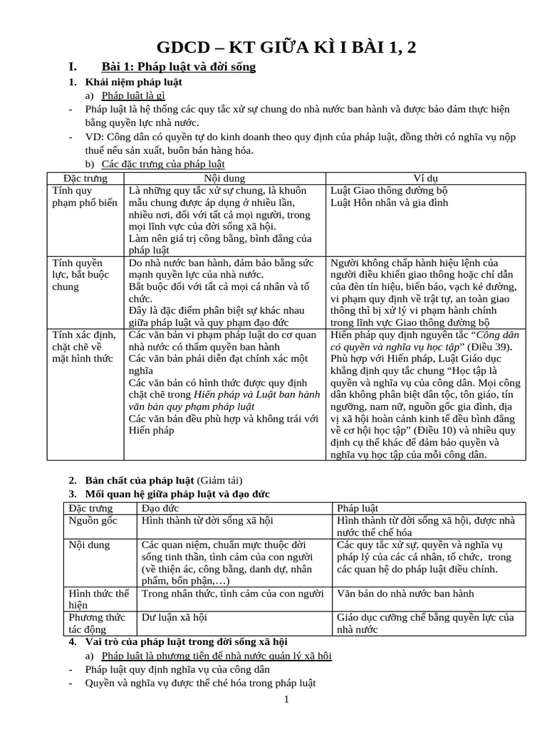 GDCD Thi Giữa Cuối 1 Bài 1-4 | PDF