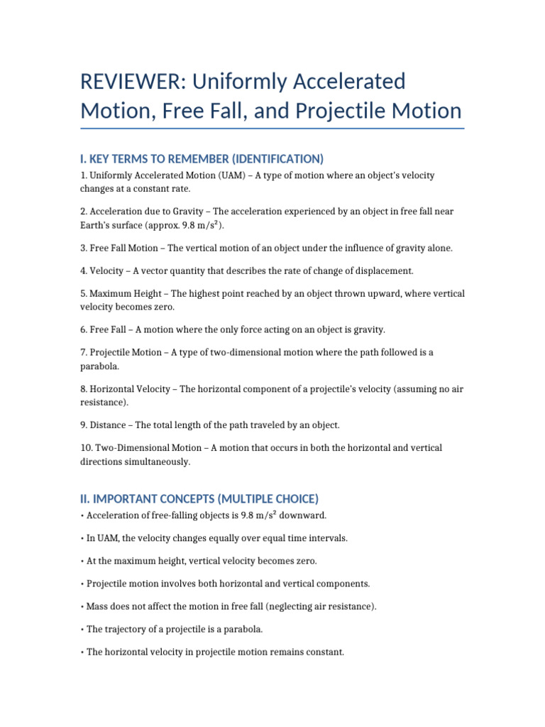 Understanding Motion: UAM, Free Fall, Projectiles | PDF