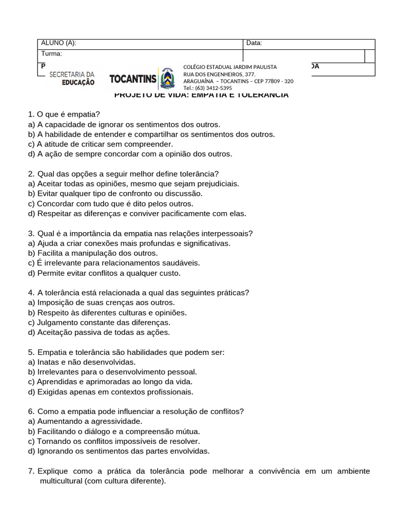 Empatia e Tolerância no Projeto de Vida | PDF | Empatia | Conceitos ...