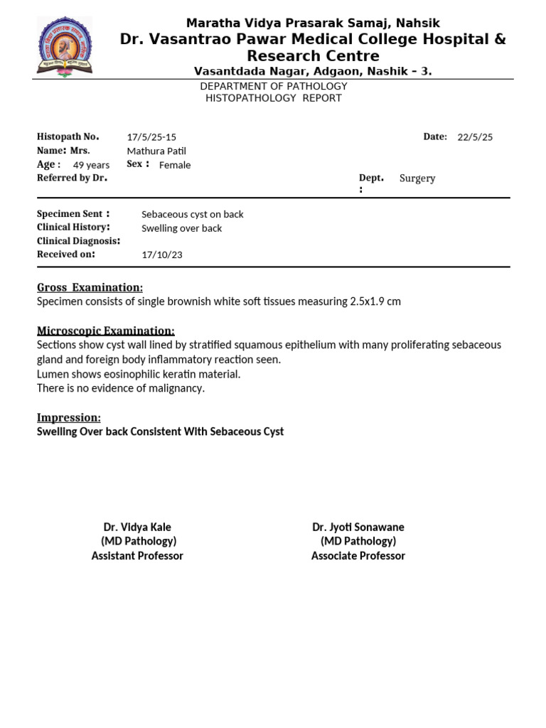 Sebaceous Cyst Histopathology Report | PDF