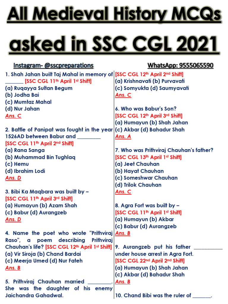 SSC CGL History Quiz Questions | PDF | Mughal Empire