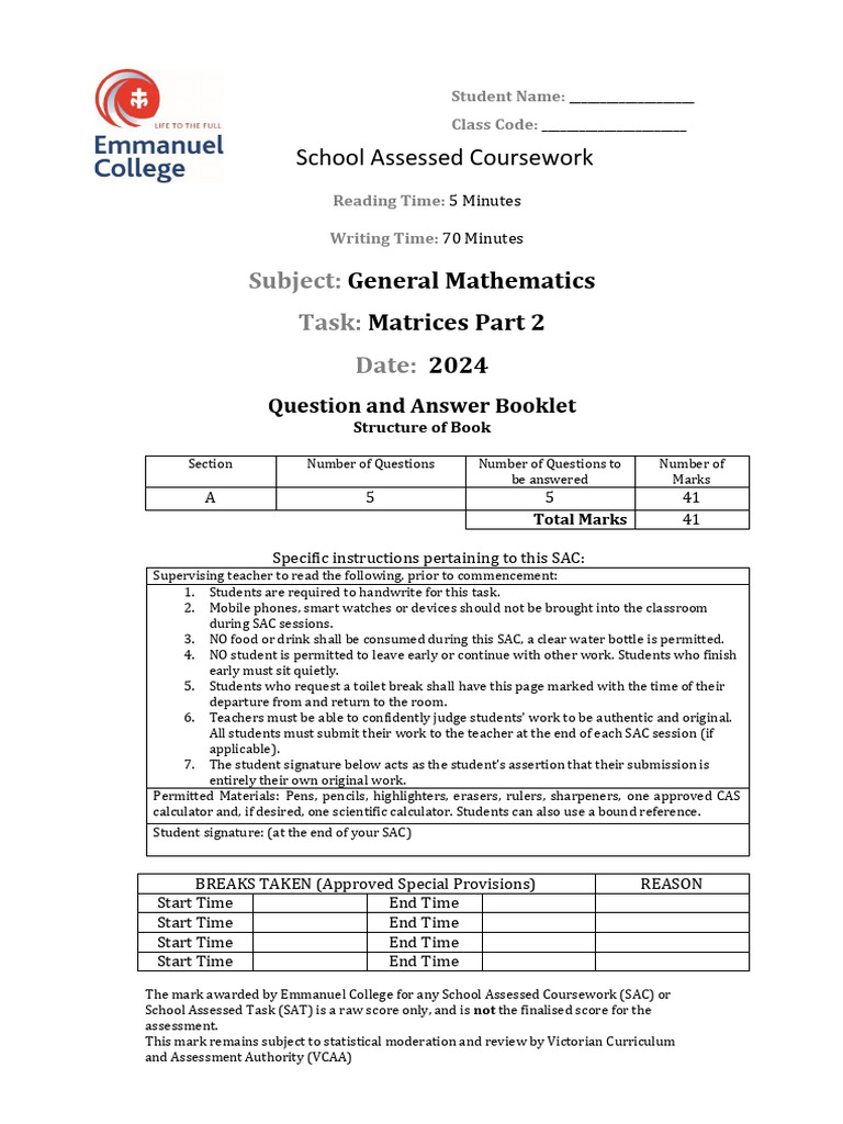General Mathematics SAC: Matrices Assessment | PDF | Matrix (Mathematics)