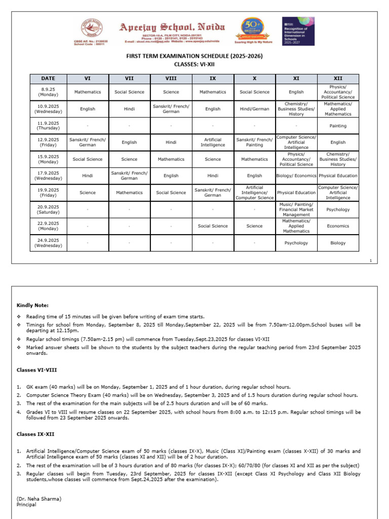 First Term Exam Schedule 2025-26 | PDF | Science | Social Sciences