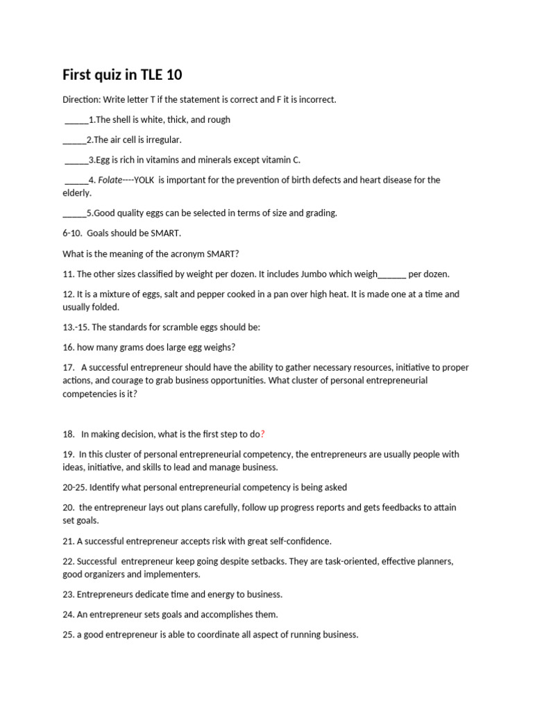 First Quiz in TLE 10 | PDF