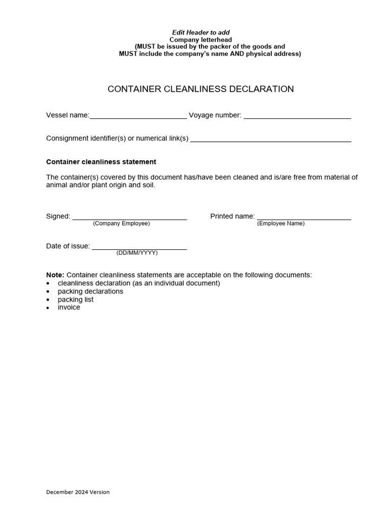 Container Cleanliness Declaration Template | PDF
