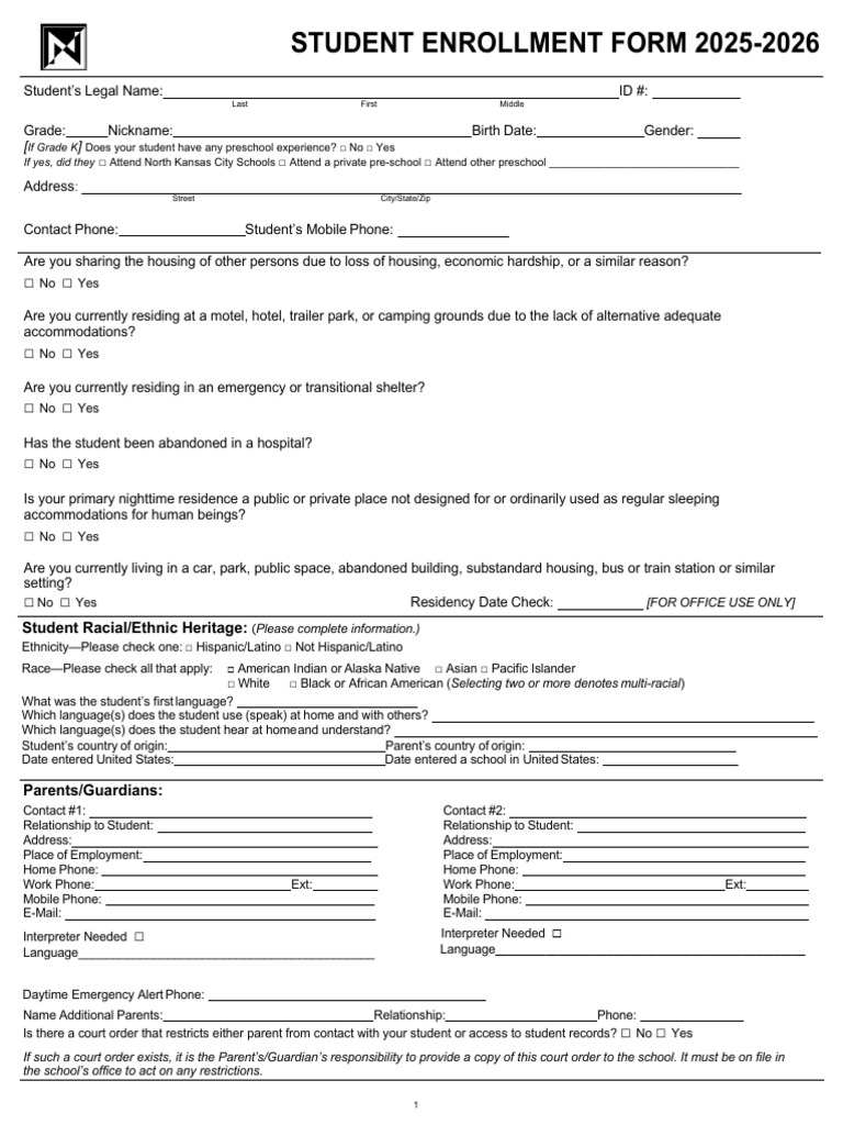 NKCSD Student Enrollment Form 2025-26 | PDF | Food Allergy | Gun ...