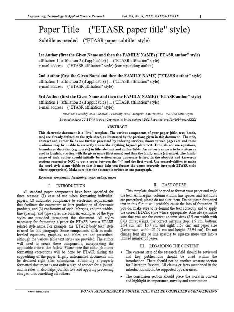 ETASR Paper Formatting Guidelines | PDF | Citation | Bracket