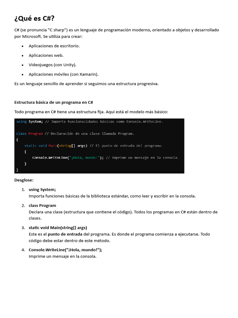Introducción a C#: Lenguaje y Estructura | PDF | C Sharp (lenguaje de ...