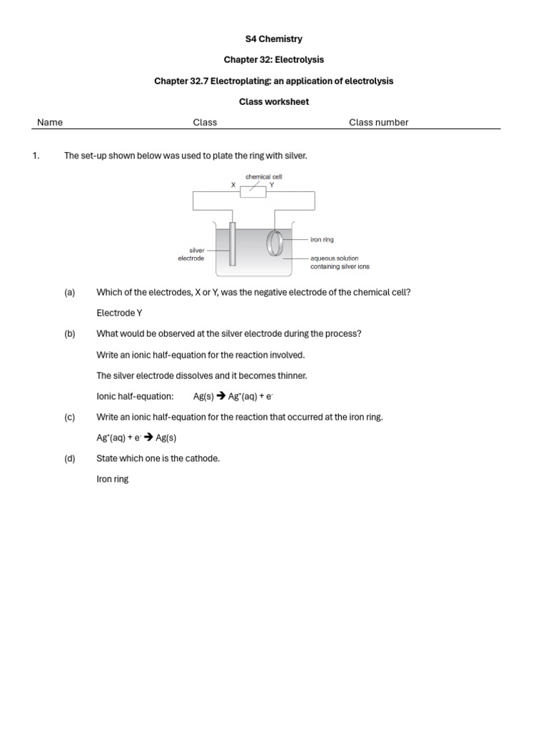Electrolysis and Electroplating Worksheet | PDF