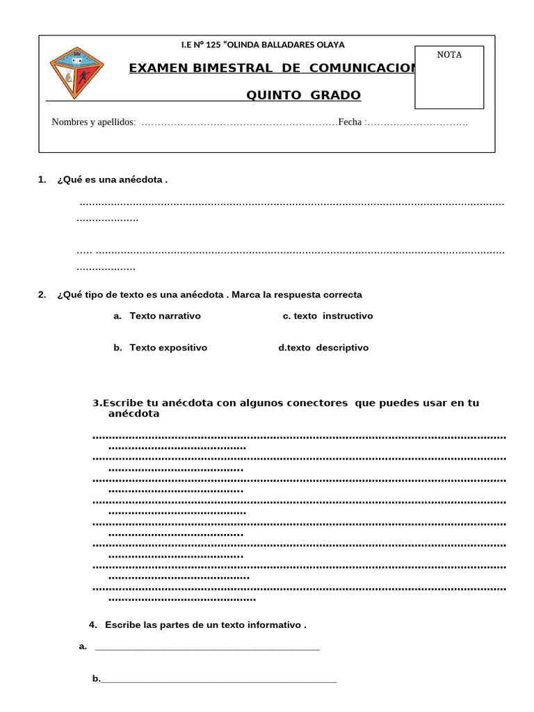 Examen Bimestral de Comunicación 5to Grado | PDF