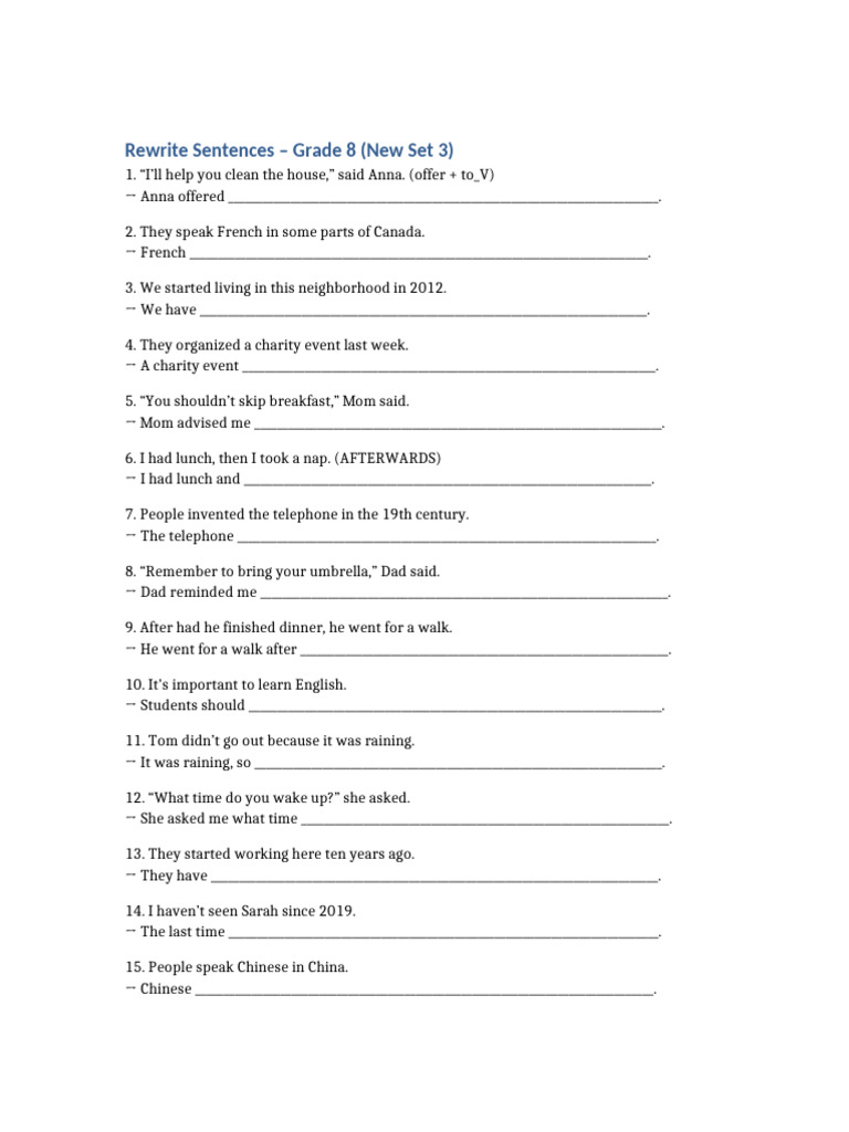 Sentence Rewriting Exercises for Grade 8 | PDF