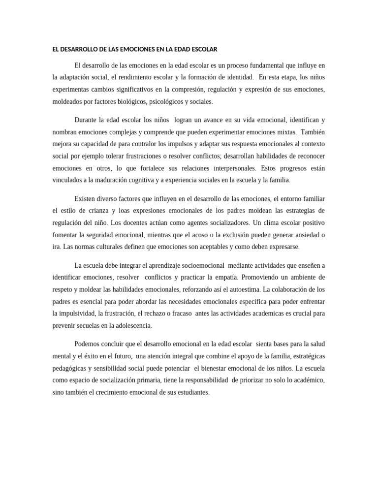 El Desarrollo de Las Emociones en La Edad Escolar | PDF