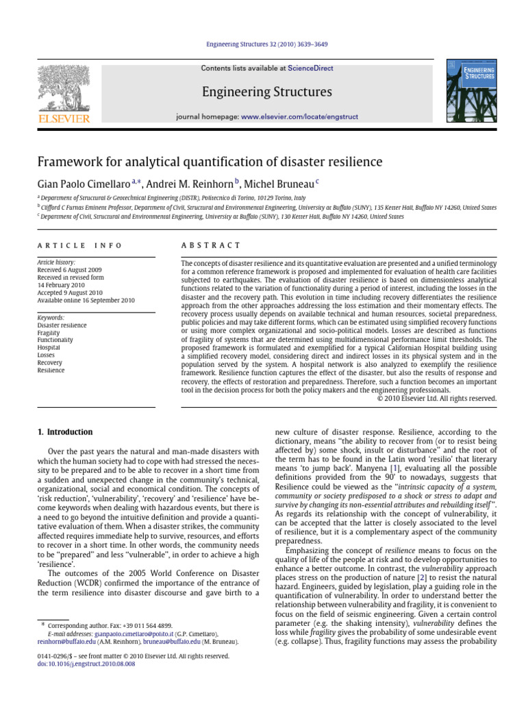 Framework For Analytical Quantification of Disaster Resilience - G. P ...