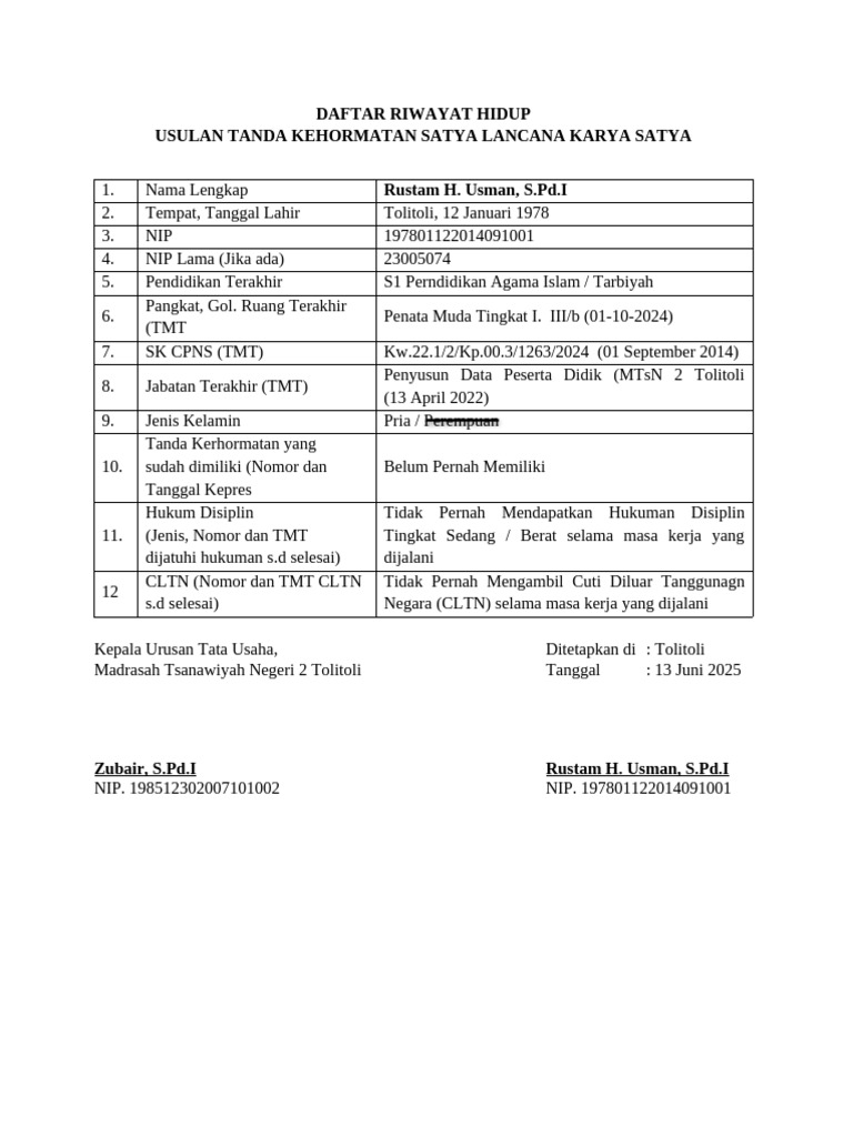 Usulan Tanda Kehormatan Rustam H. Usman | PDF