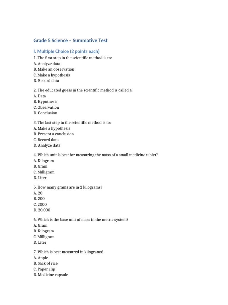 Grade 5 Science Summative Test Final | PDF | Kilogram | Liquids