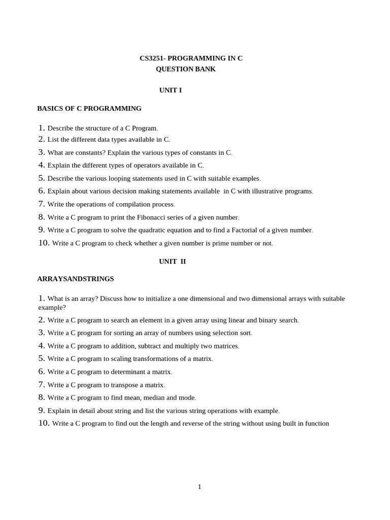 CS3251 C Programming Question Bank | PDF | Matrix (Mathematics ...