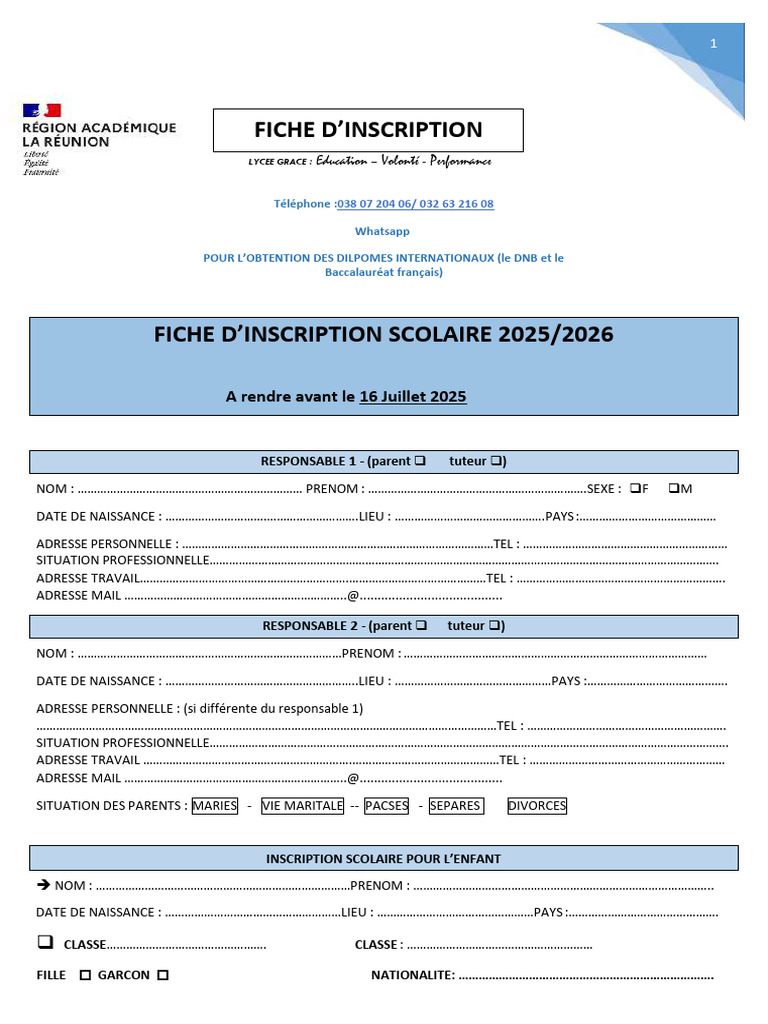 Fiche d'inscription scolaire 2025-2026 | PDF | Onomastique