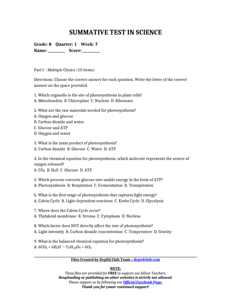 Summ - Test Science 8 q1 w7 | PDF | Photosynthesis | Cellular Respiration