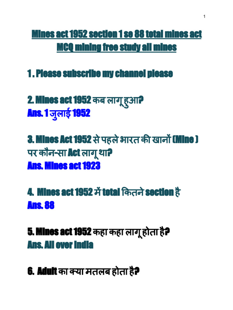 Mines Act 1952 Section 1 Se 88 Total Mines Act MCQ Mining Free Study ...