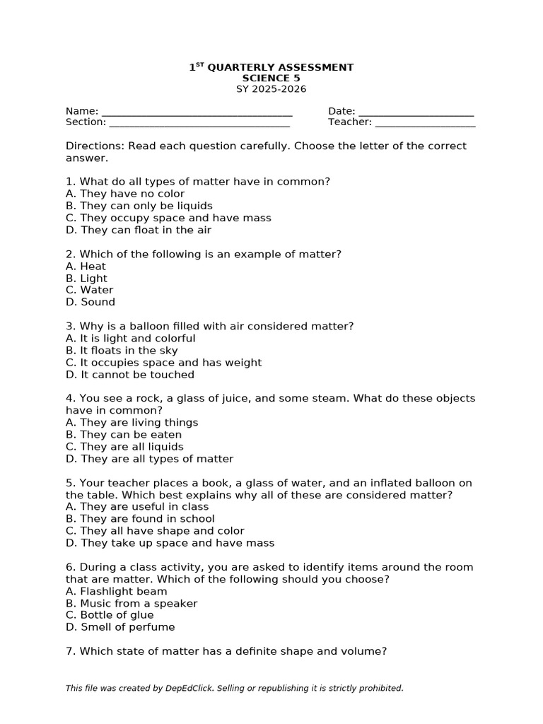 Science 5 - 1st Periodic Test - Depedclick | PDF | Water | Thermometer
