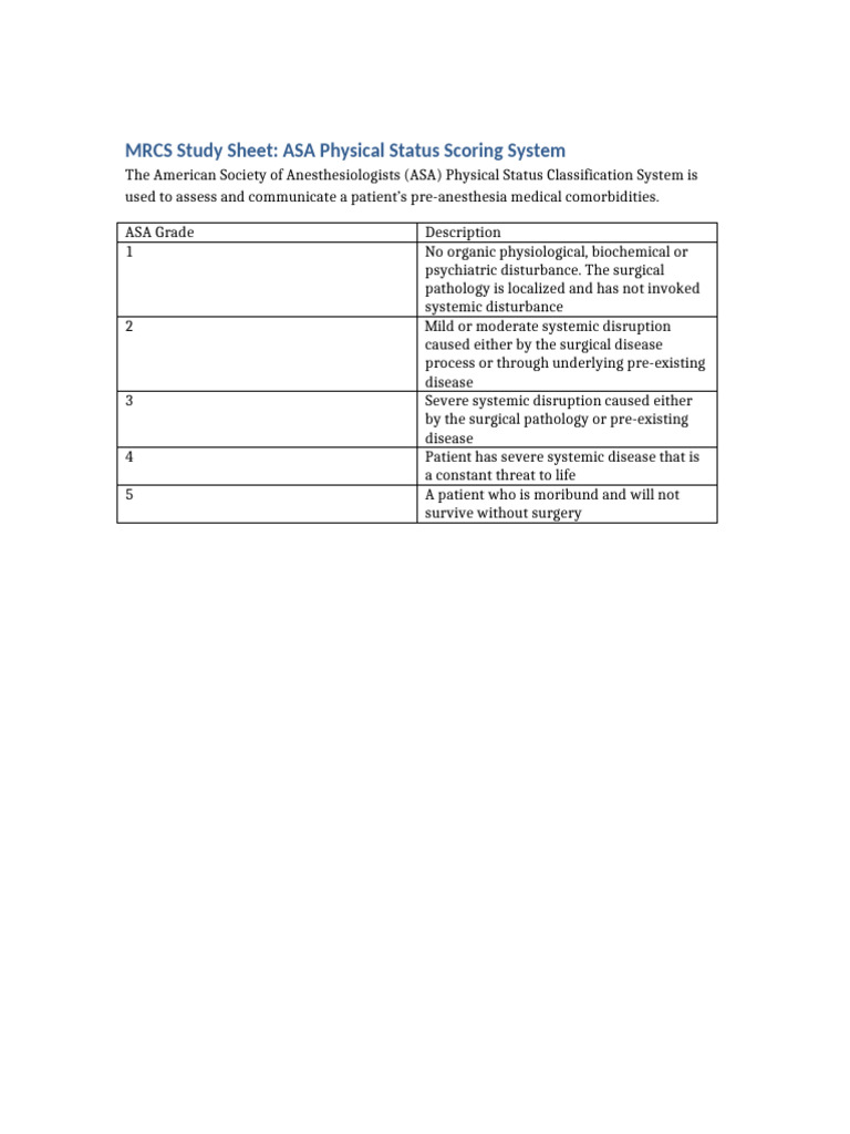 ASA Physical Status Classification Guide | PDF
