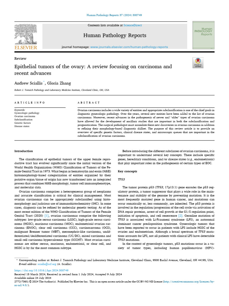 Epithelial Tumors of The Ovary: A Review Focusing On Carcinoma and ...