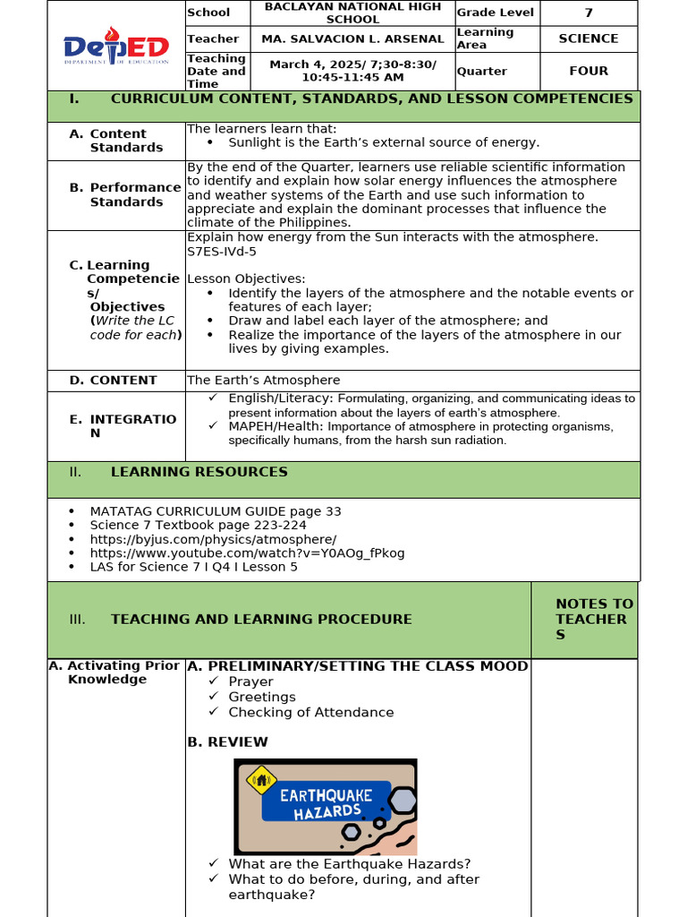 Layers of the Atmosphere Lesson Plan | PDF | Atmosphere | Earth