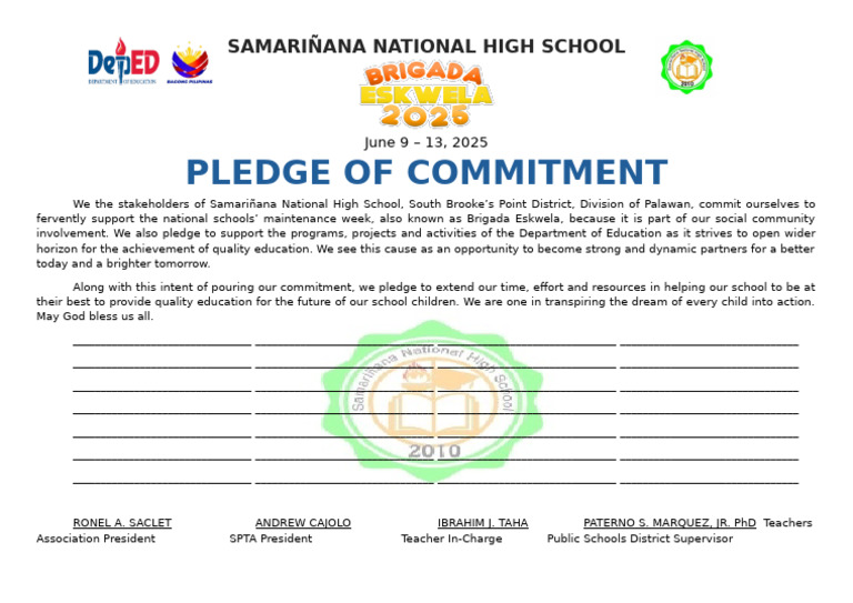 Samariñana High School Commitment Pledge | PDF