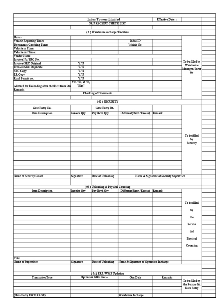 Indus Towers SRN Receipt Checklist | PDF