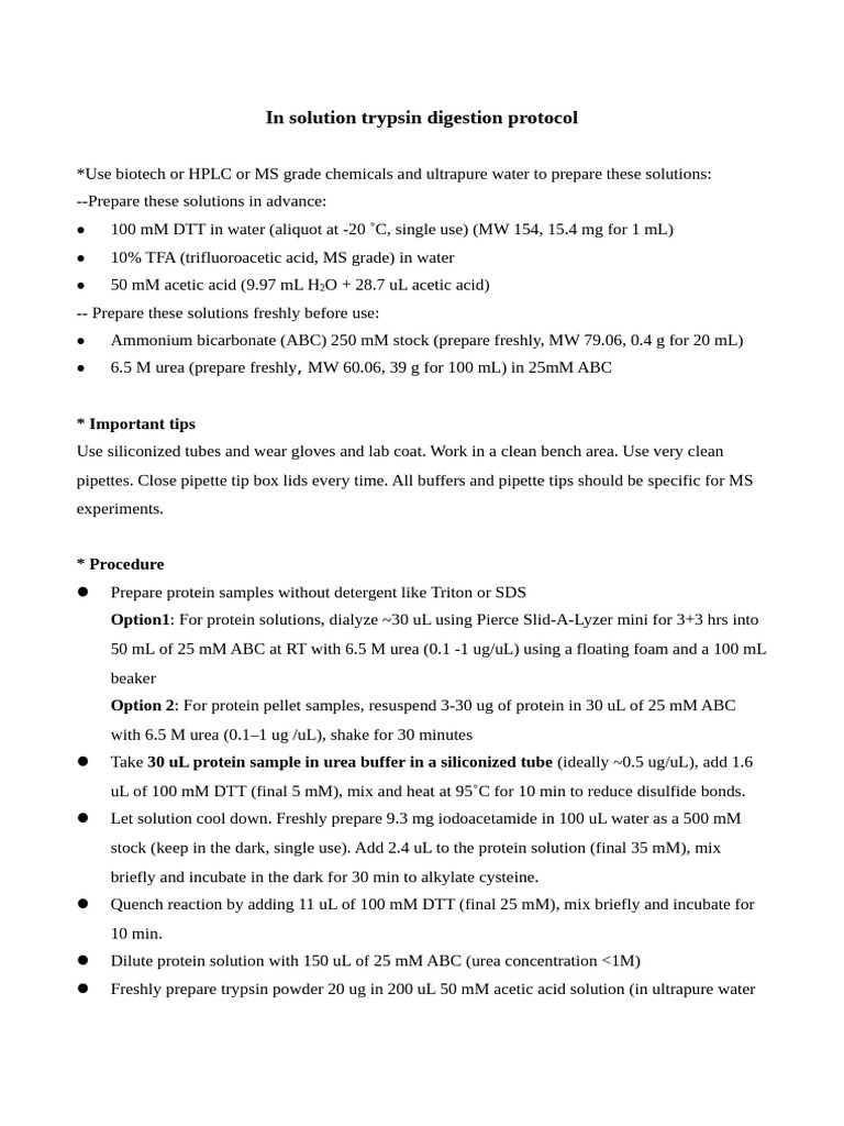 Trypsin Digestion and ZipTip Protocol | PDF | Urea | Chemical Compounds