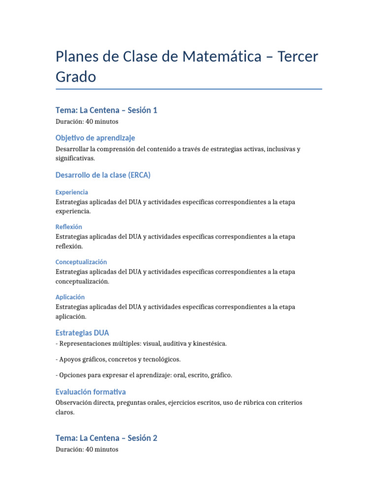 Planes de Clase de Matemáticas 3° Grado | PDF | Aprendizaje | Rúbrica ...