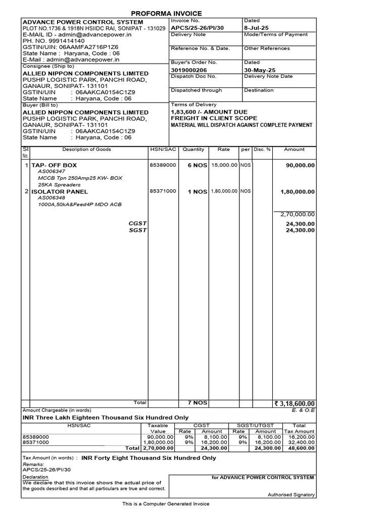Proforma Invoice for Advance Power Control | PDF | Public Finance | Taxes