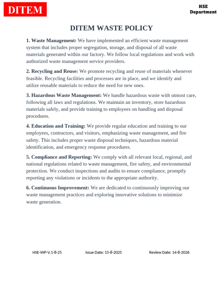 Ditem Waste Policy | PDF