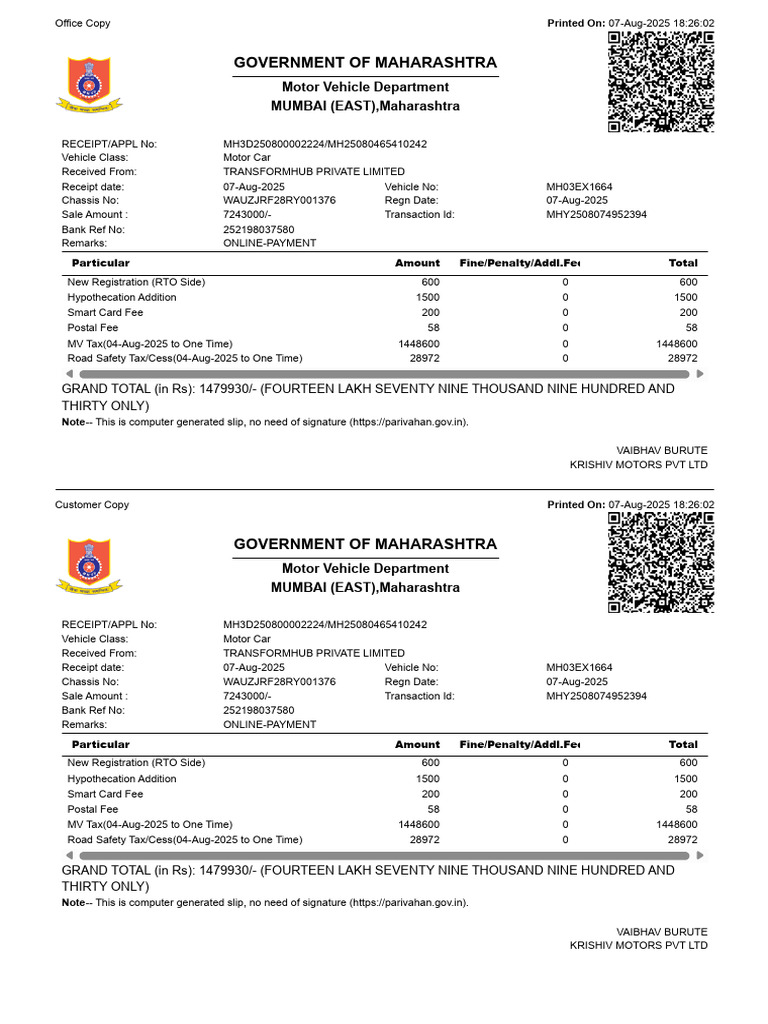 Maharashtra Motor Vehicle Registration Receipt | PDF | Receipt | Payments