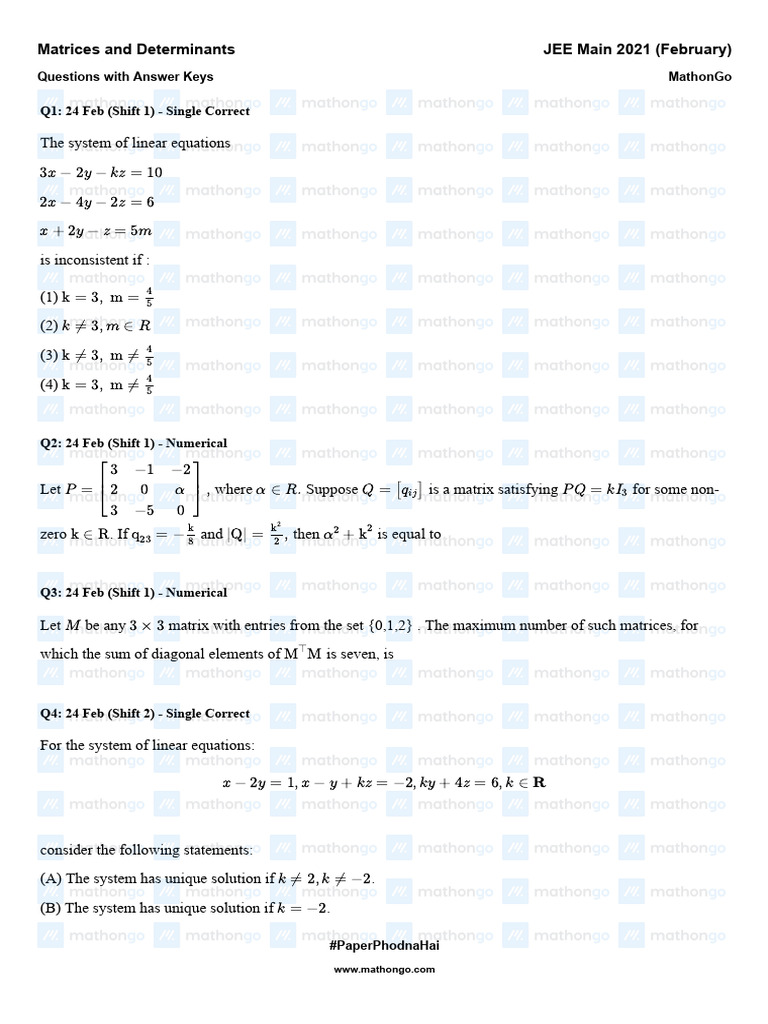 JEE Mains Matrices & Determinants PYQs | PDF | Matrix (Mathematics ...