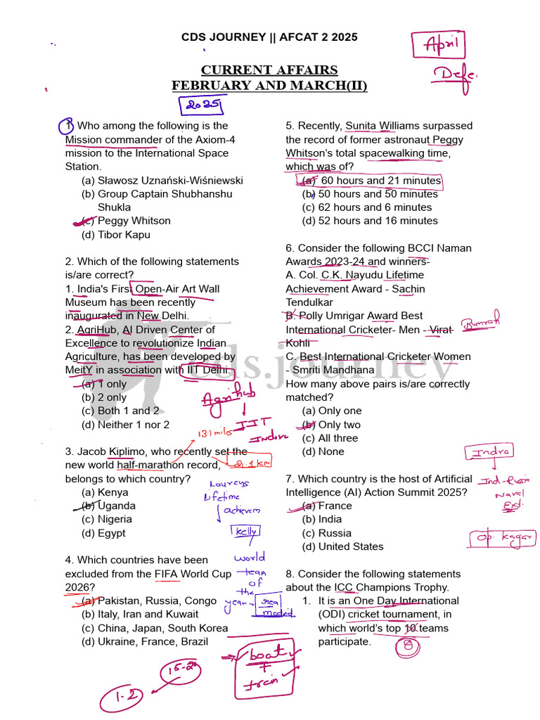 AFCAT 2 2025 Current Affairs Quiz | PDF | Cricket