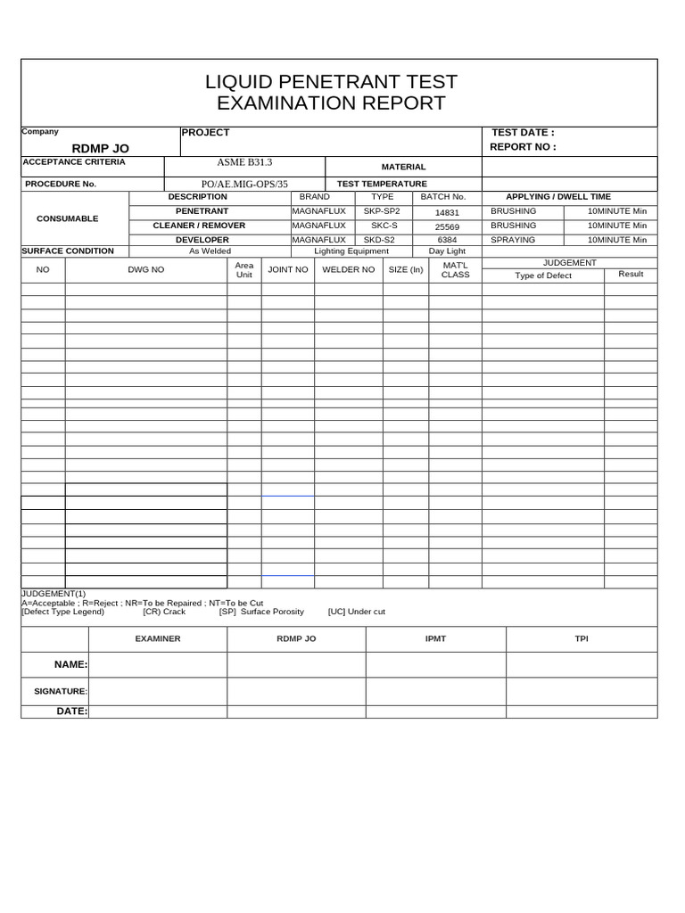 Liquid Penetrant Test Report ASME B31.3 | PDF