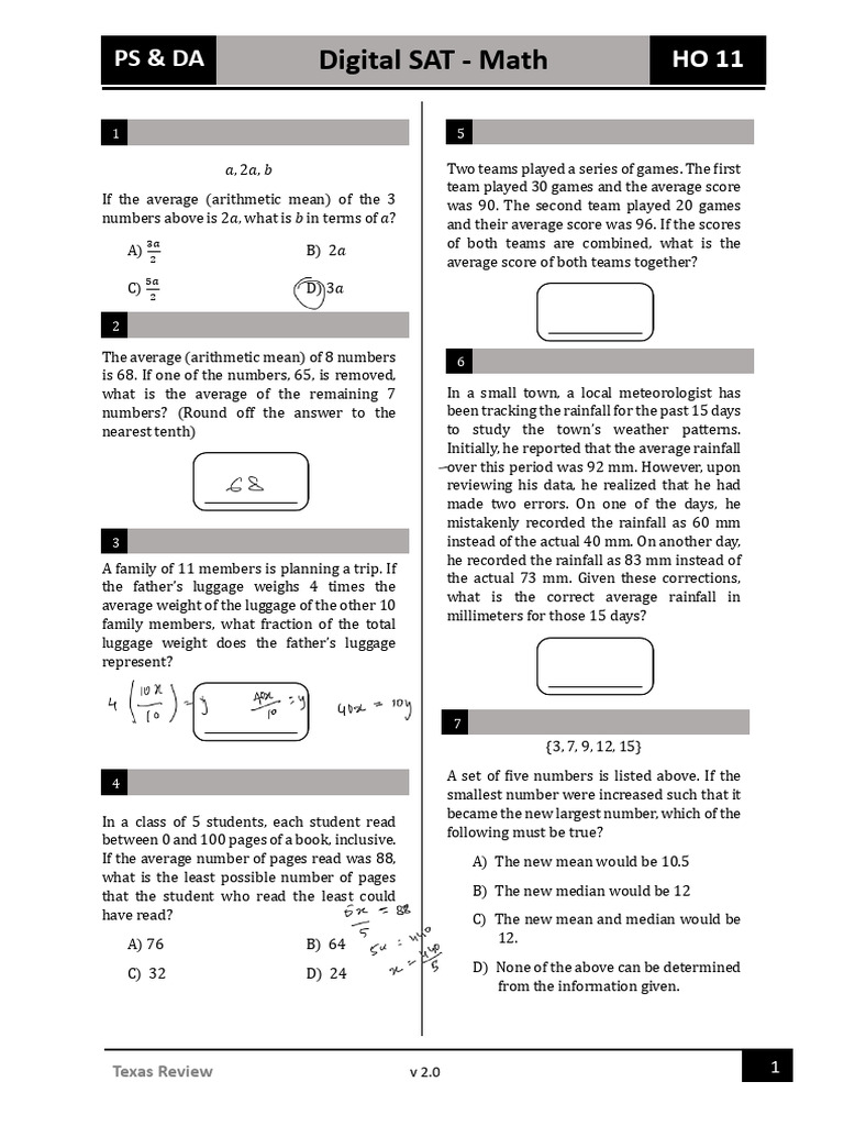 Digital SAT Math Practice Problems | PDF | Mode (Statistics) | Mean