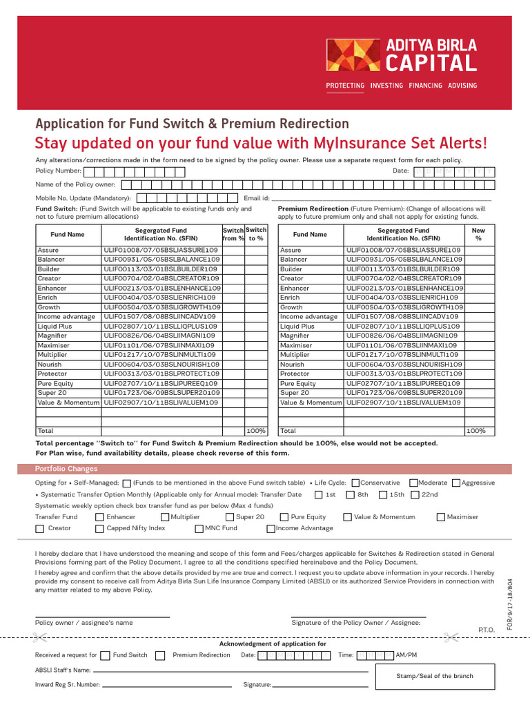 Fund Switch Premium Redirection Form - 1753946015067 | PDF | Insurance ...