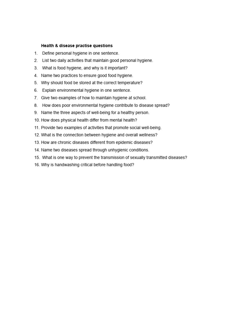 Hygiene and Health Practice Questions | PDF