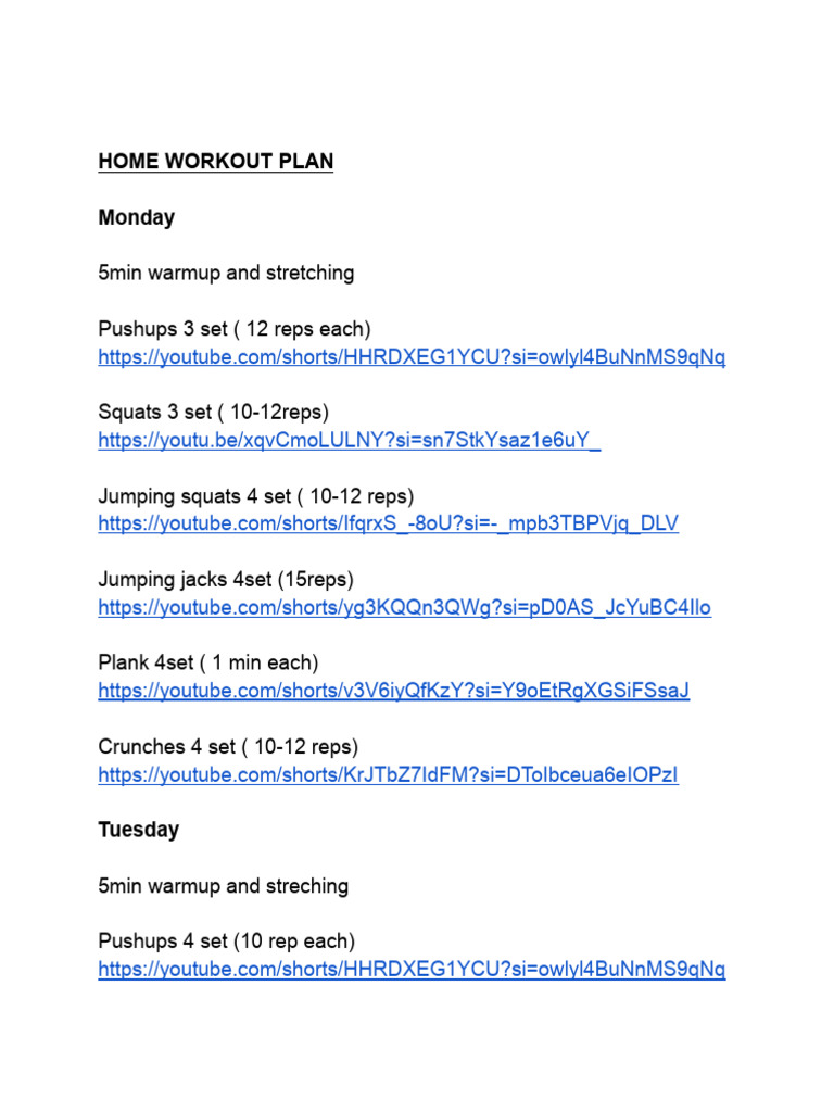 Weekly Home Workout Plan | PDF