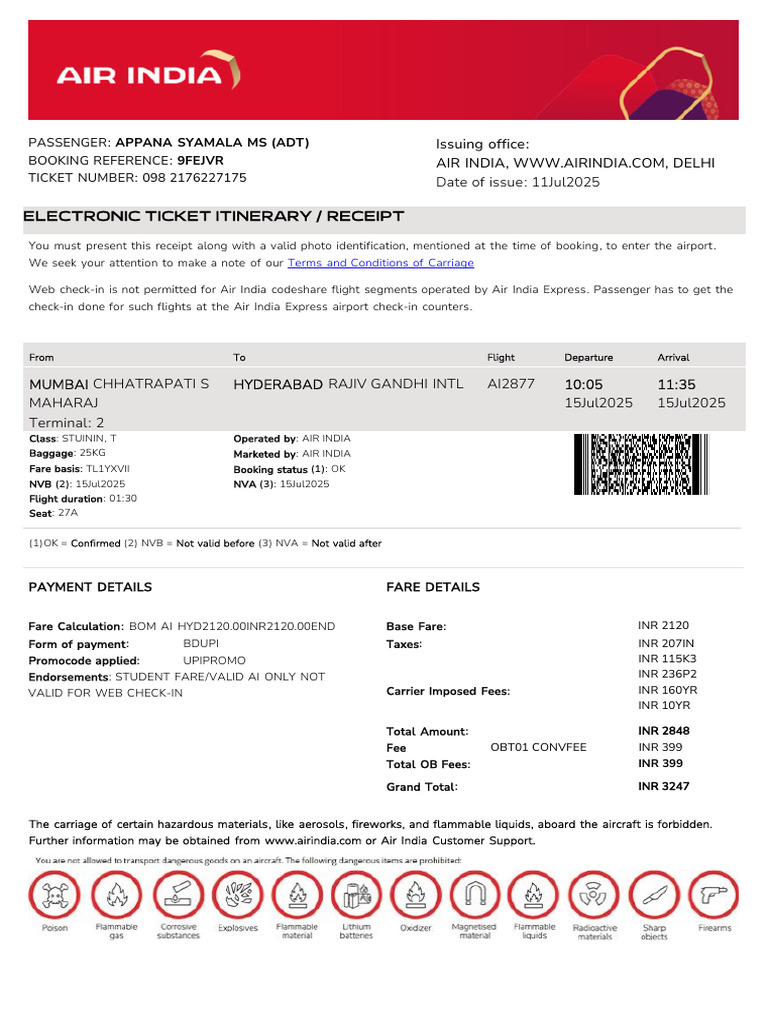 Air India Ticket Itinerary for Appana Syamala | PDF
