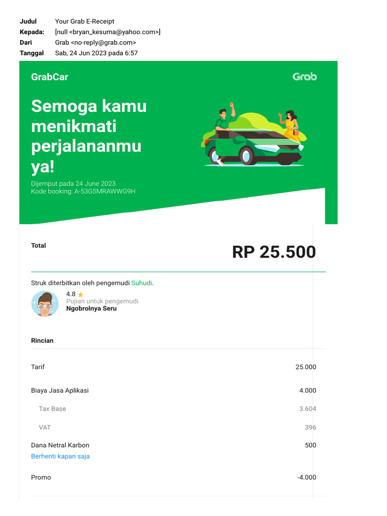 E-Receipt GrabCar: Rincian Perjalanan | PDF