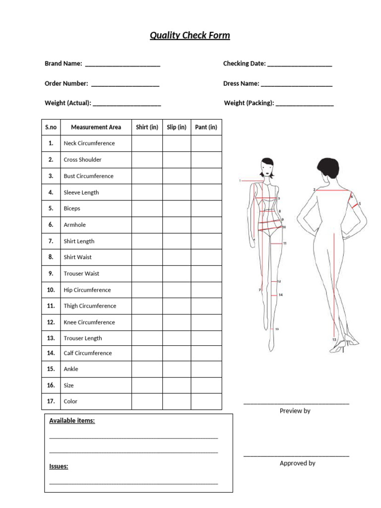 Quality Check Form for Apparel Measurements | PDF
